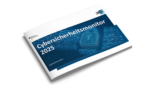 Titelseite der Broschüre "Cybersicherheitsmonitor 2025 Ergebnispräsentation" von ProPK und BSI Titelbild der Broschüre "Cybersicherheitsmonitor 2025 Ergebnispräsentation" mit einem abstrakten Muster im Hintergrund aus digitalen Elementen, dass das Thema Cybersicherheit visualisiert. Logos von BSI und ProPK sind abgebildet.